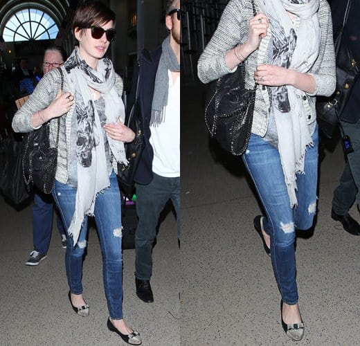 How to Wear Distressed Denim at the Airport Like Anne Hathaway